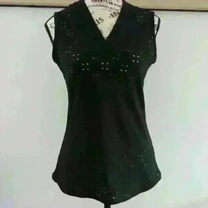 ERIN BLAIR | Women's Black Eyelet Stretchy V-Neck Sleeveless Top NWOT